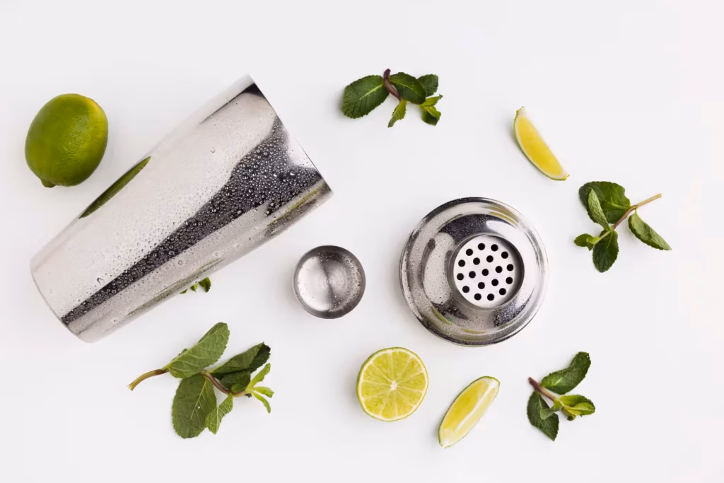 Cocktail shaker and ingredients